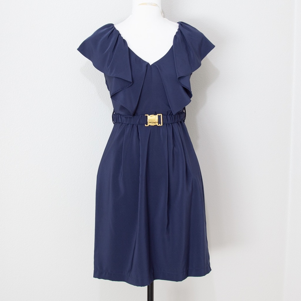 H&M Women's Navy Blue with Gold Belt Fit and Flare Dress Size 6